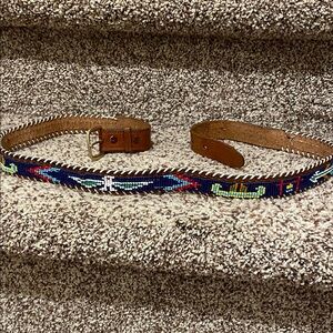 Artisan hand Beaded Leather Belt - Blue and Brown